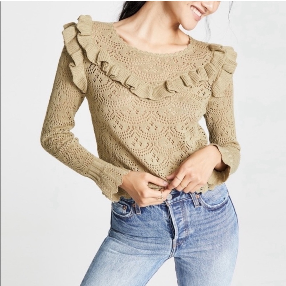 Loveshackfancy Natalie Ruffle Pointelle Knit Sweater Medium Green Cottagecore